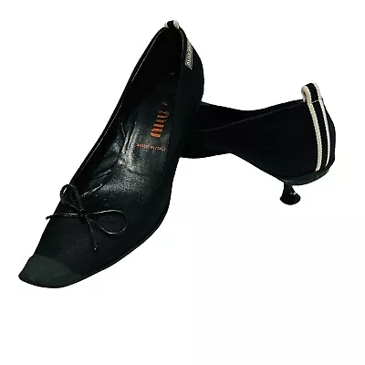 Miu Miu Black White Ribbed Fabric Bow Point Toe Kitten Heel Italy Sz 37.5 7.5 • $275