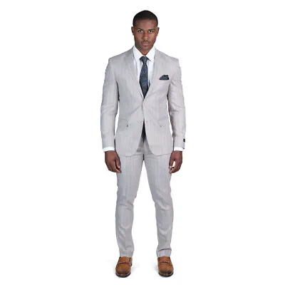 Slim Fit Pinstripe Mens Suit Tan Beige Blue Line 2 Button Notch Lapel AZAR MAN • $99