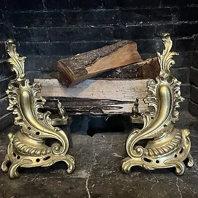 Pair Vintage French Louis XV Rococo Style Gold Gilt Brass Andirons Regency • $229.99