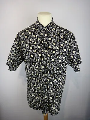 Vintage Pierre Cardin Shirt Mens Medium Black Geometric Summer Boho Preppy 90s • £39.99