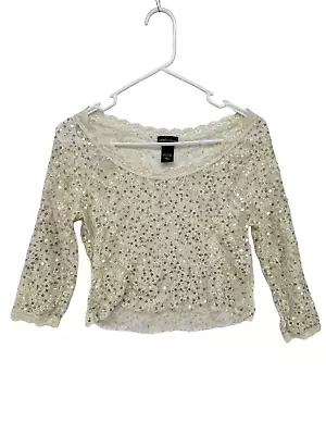 Moda International Lace Top Large Nude Sequin Boat Neck 3/4 Sleeve Sheer Stretch • $13.68