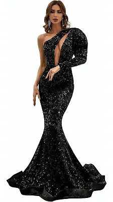 Miss Ord One Shoulder Cut Out Black Mermaid Sequin Prom Ballroom Dress LARGE  • $47.99