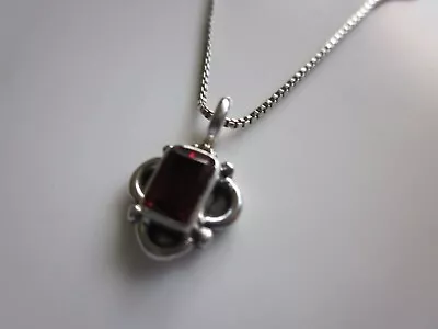 925 Sterling Silver Vintage Small Garnet Pendant Fine Box Chain Necklace 18  • $16