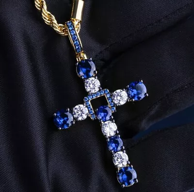 2.48 Ct RD Blue Sapphire Cubic Zirconia Mens Cross Pendant Free Stud Silver • $180.49