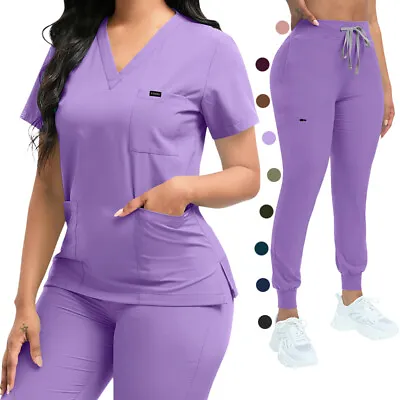 Unisex Stretch Nurse Uniform Medical Scrub Sets Women Men V-Neck Top Jogger Pant • $18.99