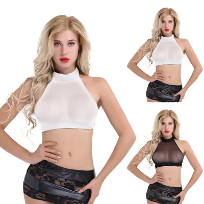 £4.38 • Buy Sexy Women Sleeveless Sheer Mesh Halter Neck Cami Bra Crop Top Blouses Vest