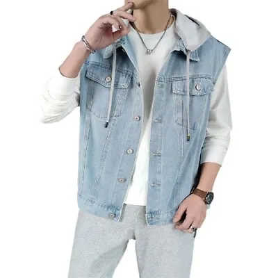 Cool Men`s Denim Vest Loose Fit With Hood Street Hoodie  Sleeveless Jeans Jacket • $62.69