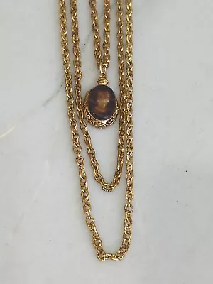Vintage Goldette 3 Chain Fold Over Clasp Amber Intaglio Cameo FOB Necklace • $25