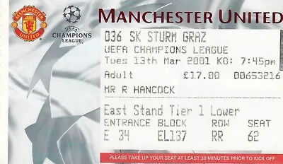 Ticket - Manchester United V SK Sturm Graz 13.03.01 UEFA Champions League • £2