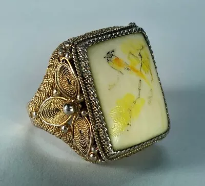 ANTIQUE CHINESE Men's Ring BONE SCRIMSHAW Bird Art 14K Gold/Sterling Filigree • $198.99