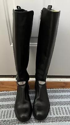 Michael Kors Arley Tall Black Leather Knee High Riding Boots Silver Buckle Sz 7 • $30