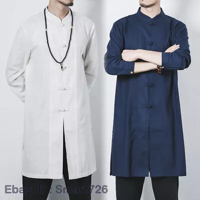 Men's Cotton Linen Medium Length Chinese Style Casual Loose Shirt Coat Jacket • $44.26