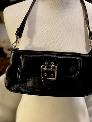 Vintage Faux Leather Black Short Strap Zip Purse Handbag W/ Metal Buckle • $8.99