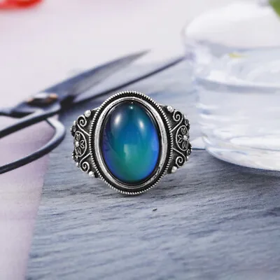 Antique Silver Plated Emotion Feeling Brass Color Change Mood Oval Stone Ring • $9.59