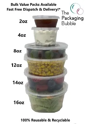 Round Food Containers Plastic Clear Tubs With Lids Deli Pots Sauce Dip Chutney • £5.93