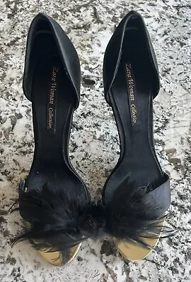 $59.95 • Buy Zara Women’s Feather Fur Open Toe Black / Golden Stilettos Size 39 US 8