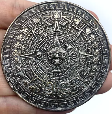 Aztec Mayan Calendar Brooch Pendant Signed 2.25  Large Sterling Silver Salgado • $39.99