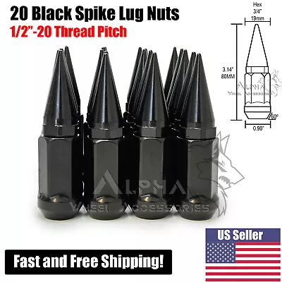 20Pc Black Spike Lug Nuts 1/2-20 Bulge Acorn Lugs 1/2 -20 For 5x4.5 5x5 5x5.5 • $42.75