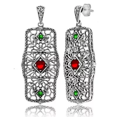 Natural 2CT Ruby & Emerald 925 Sterling Silver Victorian Style Earrings FB10 • $39.99