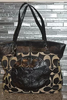 Coach F18335 Laura Signature Large  Tote Bag Purse Black Ivory • $15.99