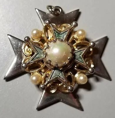 Vintage Green Enamel Faux Pearl Maltese Cross Pendant In Goldtone  • $15