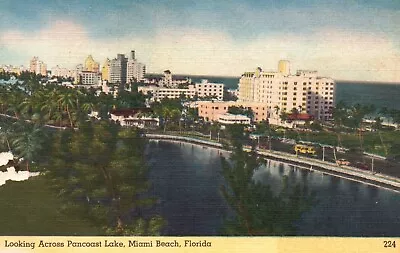 Postcard FL Miami Beach Across Pancoast Lake Linen Unposted Vintage PC H4286 • $2