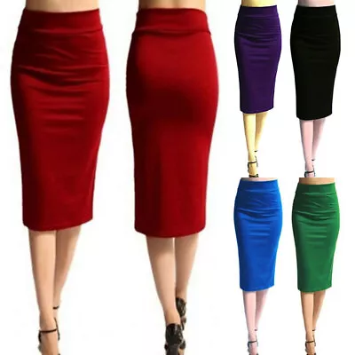 Womens Thick Pencil Skirt Knee Length Office Work Stretch Elastic High Waisted * • $9.28