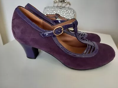 Hotter 5.5 Purple T-bar Suede And Patent Mid Heel Shoes • £7.50