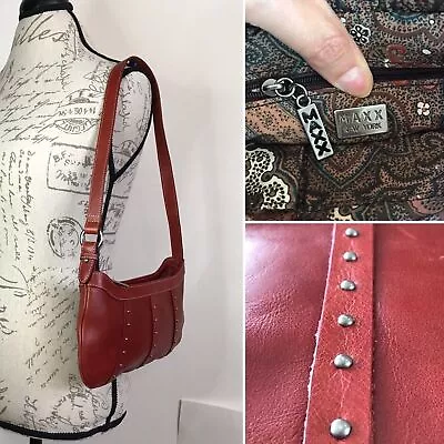MAXX NY Sm RED LEATHER Stud Stitch Paisley Lining Shoulder Purse Heart Stained • $18.98