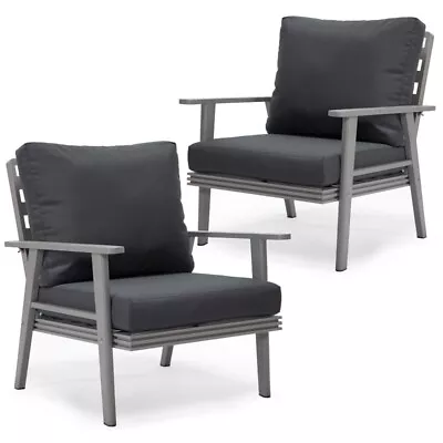 LeisureMod Walbrooke Outdoor Patio Grey Aluminum Armchairs Set Of 2 Charcoal • $980.30