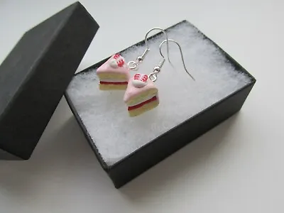 Handmade Strawberry Pink Iced Sponge Jam Cream Cake Slice Earrings - Boxed   • $6.85