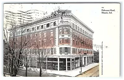 1908 Postcard Delaware Hotel Muncie IN Mulberry & Jackson Streets Downtown • $17.50