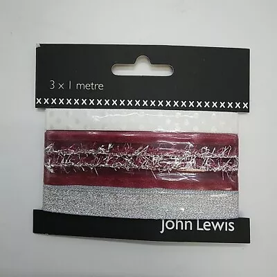 John Lewis 3 X 1m 566/25005 Wine/Silver Ribbon Pack RRP £3.00 - New/Unopened • £1