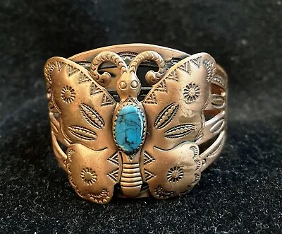Vintage Solid Copper Butterfly Cuff Bracelet With Turquoise Stone 6 Inches Long • $39