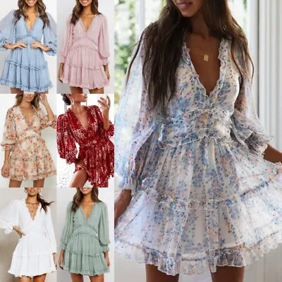 $32.24 • Buy Ladies Mini Dress Deep V Neck Short Dresses Women Holiday Layered Long Sleeve