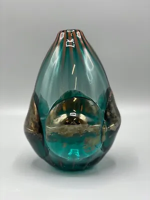 Robert Fritz Abstract Green & Gold Metallic 8  Studio Art Glass Vase • $295