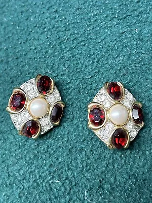 Marvella Gold Tone Glass Red & Clear Rhinestones Faux Pearl  High-end Earrings  • $5