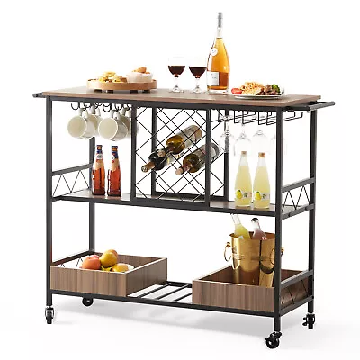 VEVOR 3-Tier Bar Serving Cart Rolling Trolley With Wine Grid Glass Holder 300LBS • $98.99