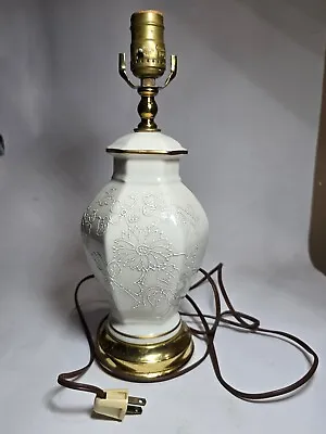 Vtg Ceramic & Brass Table Lamp~leviton~embossed Flowers~oriental~beige~15   • $24.85