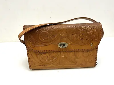 Vintage Hand Tooled Leather Purse 70s Boho Chic Western Bag Tote Mexican Hippie • $19.99