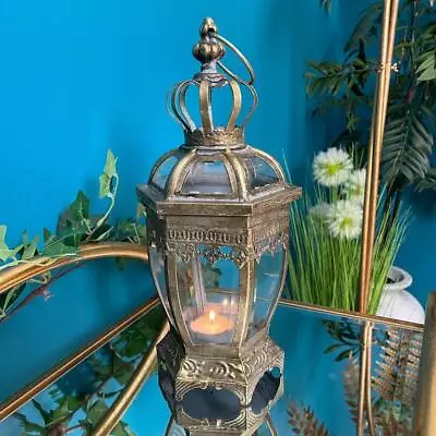 Gold Candle Lantern Hexagonal Pillar Tealight Vintage Antique Style Metal • £29.99