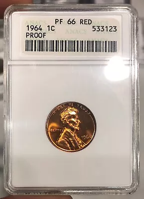 1964 Proof Lincoln Cent Graded PR66RD By ANACS Soapbox Holder PQ+ • $11.99