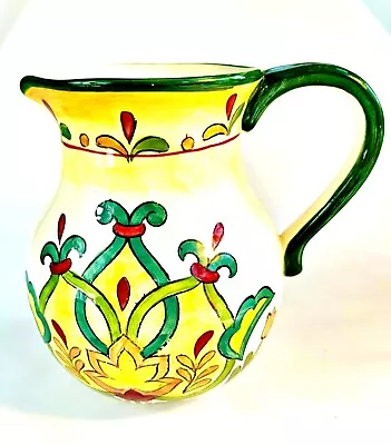 Maxcera GREEN MOROCCO Pitcher Hand Painted Primtive Style Pottery Floral 8  EXC • $15.50