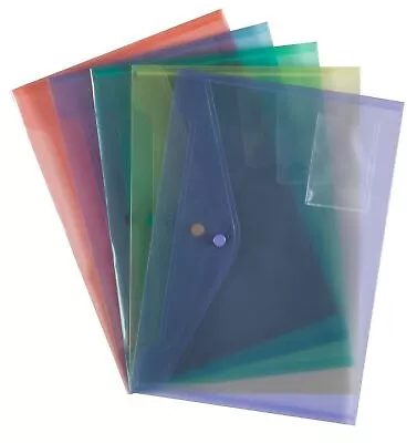 A4 Document Wallets Assorted Colours Plastic Popper Press Stud Files Pack Of 5 • £3.45
