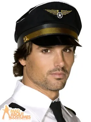 £7.99 • Buy Adult Black Pilots Cap Airline Captain Flight Hat Fancy Dress Costume Accessory
