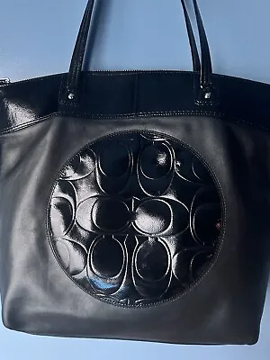 Large Black COACH Laura Leather Tote Bag Shopper Circle Logo • $44.99