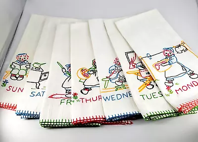 Vintage Set Of 7 DAY-OF-THE-WEEK RAGGEDY ANN & ANDY Hand-embroidered DISH TOWELS • $56