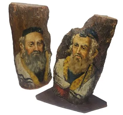 Vintage Oil Painting On Rustic Wood Chunks Jewish Rabbis On Wooden Base Stand • $299
