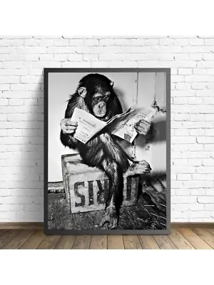Canvas Painting Black And White Funny Monkey Reading Newspaper Printed Painting  • $3.79
