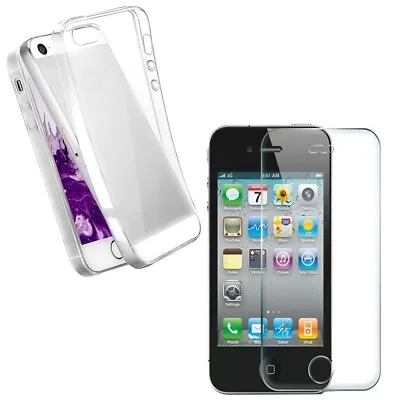 For APPLE IPHONE 4 4S TEMPERED GLASS SCREEN PROTECTOR + CLEAR SILICONE TPU CASE • £5.45